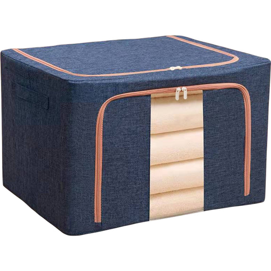 Cutie de depozitare pliabila, Klevo, Cu fermoar, 100 L, Textil, 60x42x40 cm, Cadru Metalic, Suport Baza Stabil din Plastic, Albastru Marin