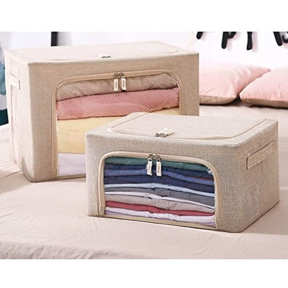 Cutie de depozitare pliabila, Klevo, Cu fermoar, 100 L, Textil, 60x42x40 cm, Cadru Metalic, Suport Baza Stabil din Plastic, Crem cu Doua Ferestre