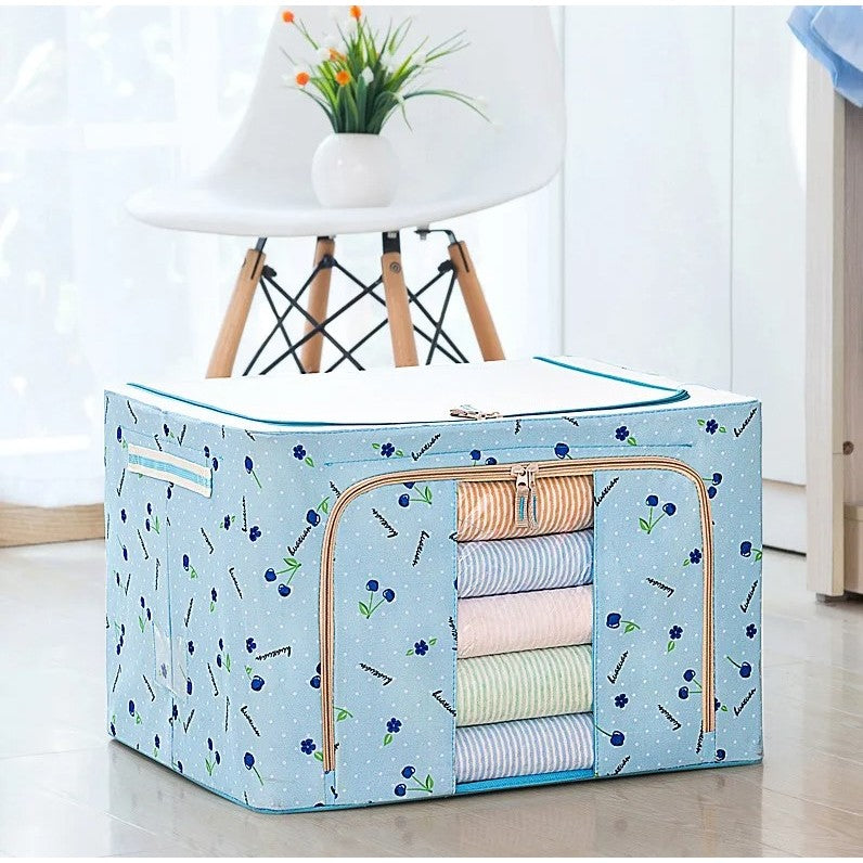 Cutie de Depozitare Pliabila, Klevo, 100 L, din Tesatura Oxford, 60x42x40 cm, Fereastra Frontala, 2 Usi de Acces cu Fermoar Bidirectional, Cadru Metalic, Suport Baza Stabil din Plastic, Imprimeu Cirese, Albastru