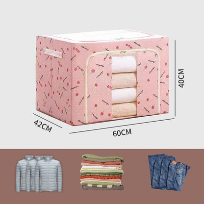 Cutie de Depozitare Pliabila, Klevo, Cu Fermoar, 100 L, Textil, 60x42x40 cm, cu Fereastra, Cadru Metalic, Suport Baza Stabil din Plastic, Imprimeu Cirese, Roz