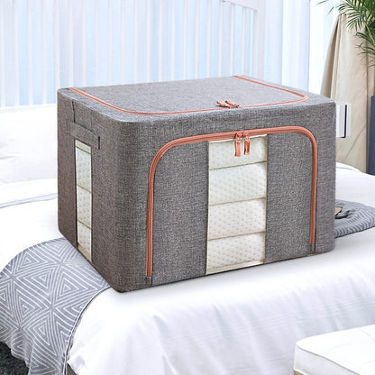 Cutie de depozitare pliabila, Klevo, Cu fermoar, 100 L, Textil, 60x42x40 cm, Cadru Metalic, Suport Baza Stabil din Plastic, Gri, Cu doua ferestre