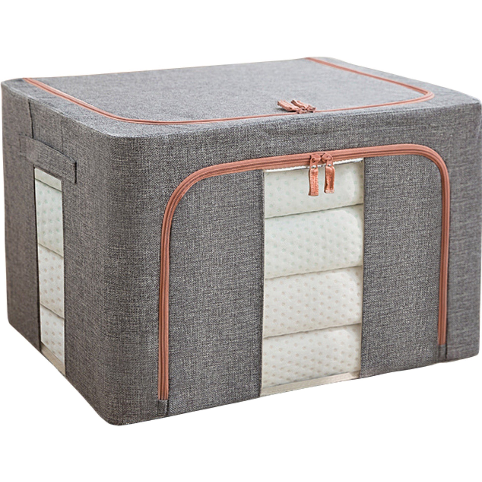 Cutie de depozitare pliabila, Klevo, Cu fermoar, 100 L, Textil, 60x42x40 cm, Cadru Metalic, Suport Baza Stabil din Plastic, Gri, Cu doua ferestre