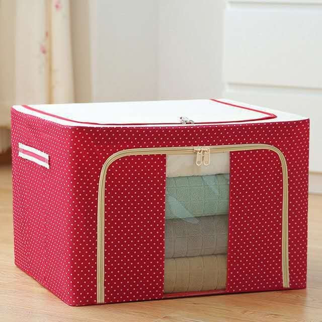 Cutie de Depozitare Pliabila, Klevo, cu Fermoar, 100 L, Textil, 60x42x40 cm, O Fereastra, Cadru Metalic, Suport Baza Stabil din Plastic, imprimeu punctat, Rosu, Resigilat