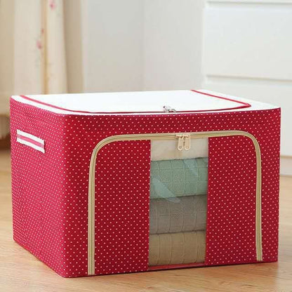 Cutie de Depozitare Pliabila, Klevo, cu Fermoar, 100 L, Textil, 60x42x40 cm, O Fereastra, Cadru Metalic, Suport Baza Stabil din Plastic, imprimeu punctat, Rosu, Resigilat