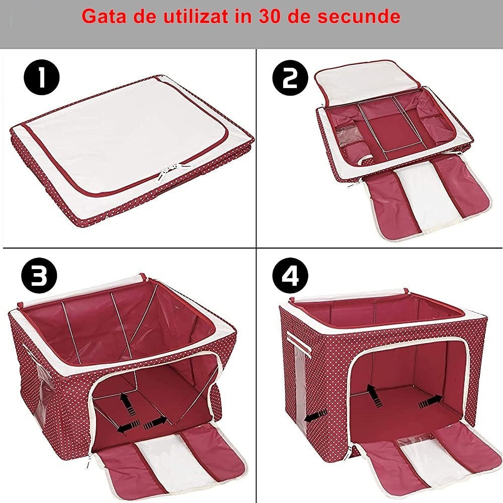 Cutie de Depozitare Pliabila, Klevo, cu Fermoar, 100 L, Textil, 60x42x40 cm, O Fereastra, Cadru Metalic, Suport Baza Stabil din Plastic, imprimeu punctat, Rosu, Resigilat