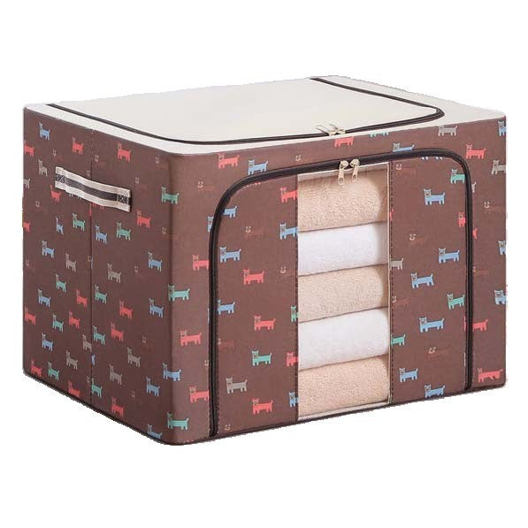 Cutie de Depozitare Pliabila, Klevo, cu Fermoar, 100 L, Textil, 60x42x40 cm, O Fereastra, Cadru Metalic, Suport Baza Stabil din Plastic, Imprimeu Catelusi, Maro