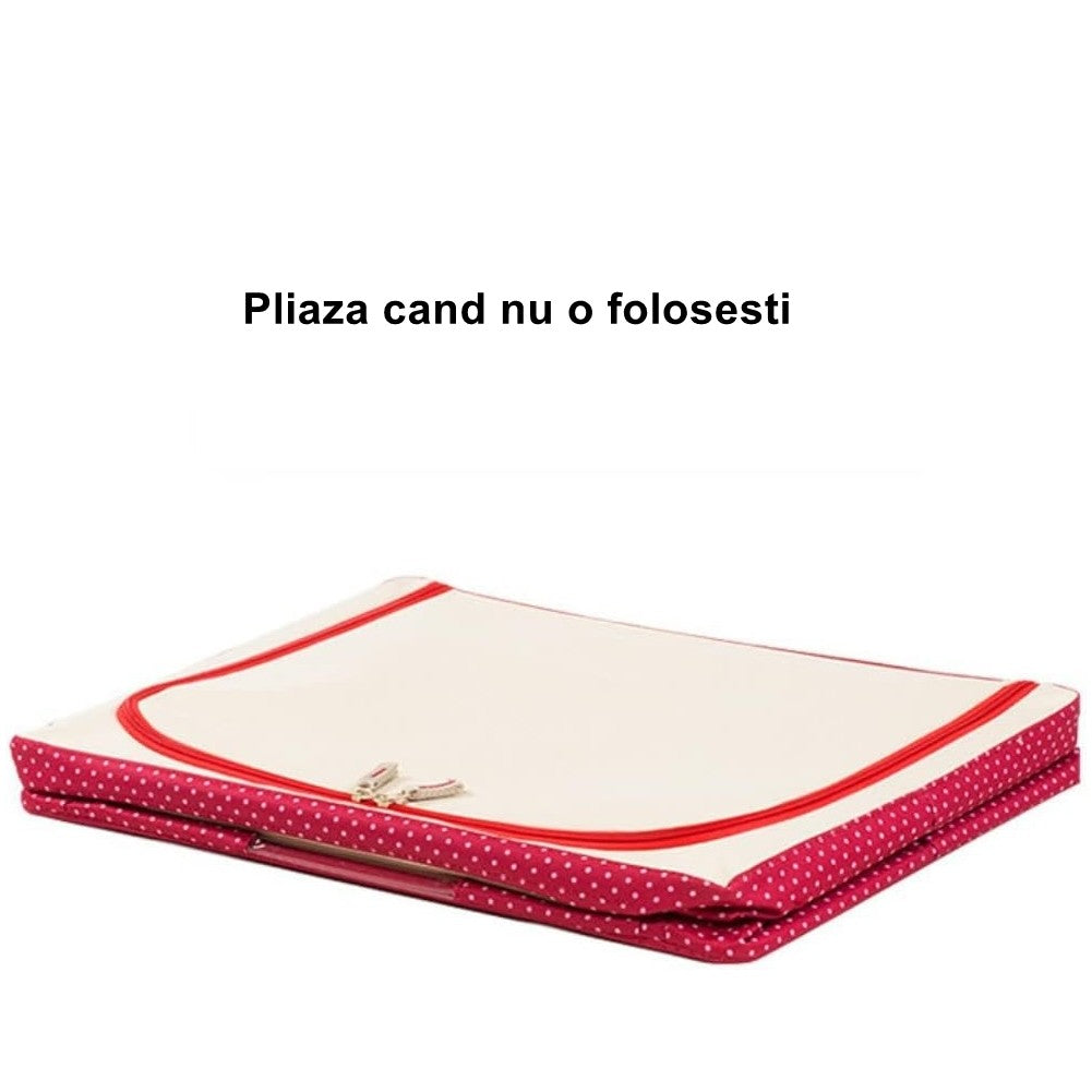 Cutie de Depozitare Pliabila, Klevo, cu Fermoar, 100 L, Textil, 60x42x40 cm, O Fereastra, Cadru Metalic, Suport Baza Stabil din Plastic, imprimeu punctat, Rosu