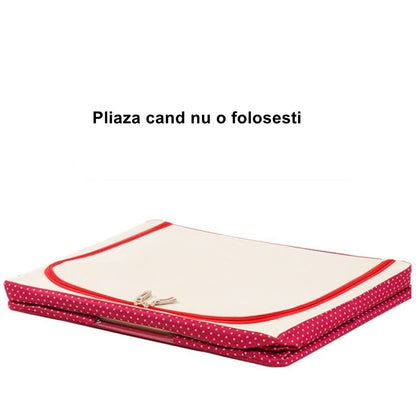Cutie de Depozitare Pliabila, Klevo, cu Fermoar, 100 L, Textil, 60x42x40 cm, O Fereastra, Cadru Metalic, Suport Baza Stabil din Plastic, imprimeu punctat, Rosu