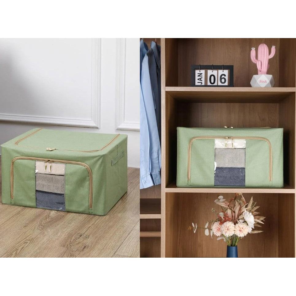 Cutie de depozitare pliabila, Klevo, Cu fermoar, 100 L, Textil, 60x42x40 cm, Cadru Metalic, Suport Baza Stabil din Plastic, Verde