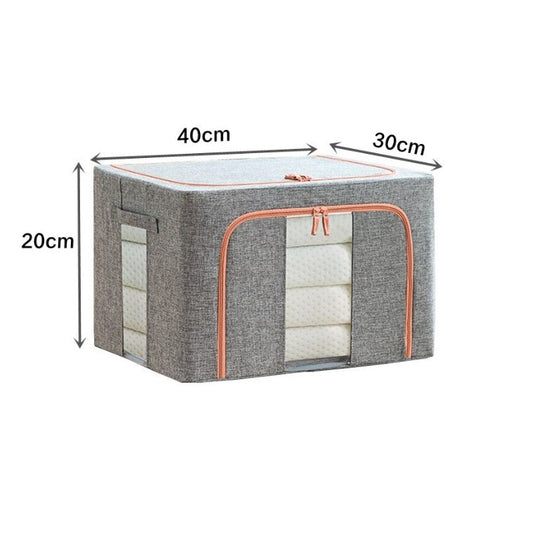 Cutie de Depozitare Pliabila, Klevo, 24 L, din Bumbac si In, 40x30x20 cm, 2 Ferestre, Frontala si Laterala, 2 Usi de Acces cu Fermoar Bidirectional, Cadru Metalic, Suport Baza Stabil din Plastic, Gri