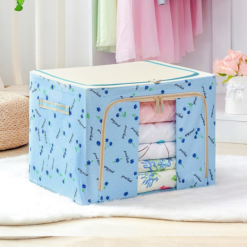 Cutie de Depozitare Pliabila, Klevo, 24 L, Panza Oxford, 40x30x20 cm, Fereastra Frontala, 2 Usi de Acces cu Fermoar Bidirectional, Cadru Metalic, Suport Baza Stabil din Plastic, Imprimeu cirese, Albastru