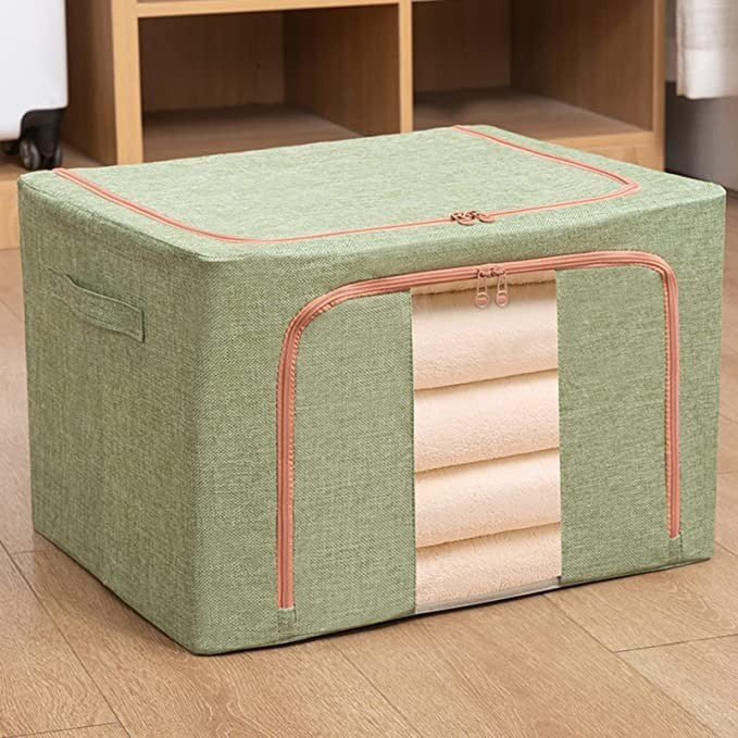 Cutie de Depozitare Pliabila, Klevo, 24 L, din Bumbac si In, 40x30x20 cm, Fereastra Frontala, 2 Usi de Acces cu Fermoar Bidirectional, Cadru Metalic, Suport Baza Stabil din Plastic, Verde