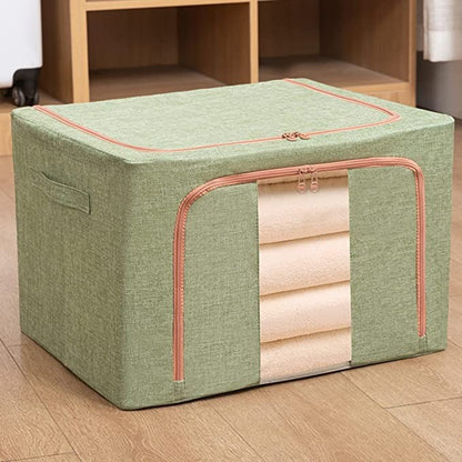 Cutie de Depozitare Pliabila, Klevo, 24 L, din Bumbac si In, 40x30x20 cm, Fereastra Frontala, 2 Usi de Acces cu Fermoar Bidirectional, Cadru Metalic, Suport Baza Stabil din Plastic, Verde