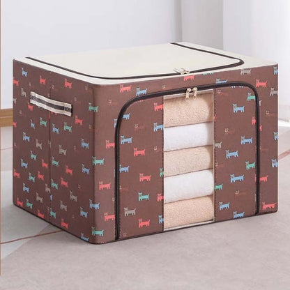Cutie de Depozitare Pliabila, Klevo, 24 L, Panza Oxford, 40x30x20 cm, Fereastra Frontala, 2 Usi de Acces cu Fermoar Bidirectional, Cadru Metalic, Suport Baza Stabil din Plastic, Imprimeu Catelus, Maro/Bej
