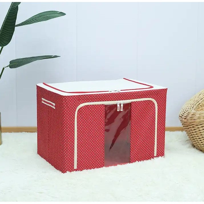 Cutie de Depozitare Pliabila, Klevo, 24 L, Panza Oxford, 40x30x20 cm, Fereastra Frontala, 2 Usi de Acces cu Fermoar Bidirectional, Cadru Metalic, Suport Baza Stabil din Plastic, Imprimeu Buline, Rosu