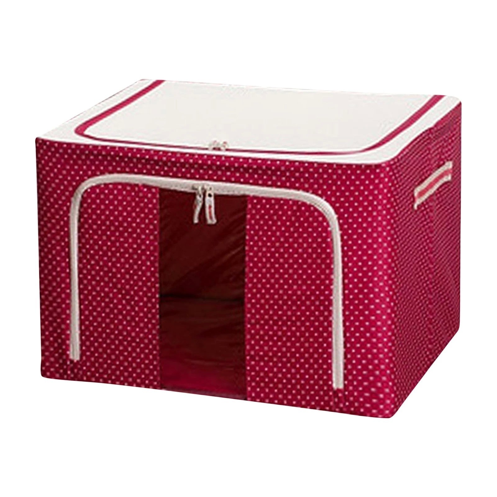 Cutie de Depozitare Pliabila, Klevo, 24 L, Panza Oxford, 40x30x20 cm, Fereastra Frontala, 2 Usi de Acces cu Fermoar Bidirectional, Cadru Metalic, Suport Baza Stabil din Plastic, Imprimeu Buline, Rosu