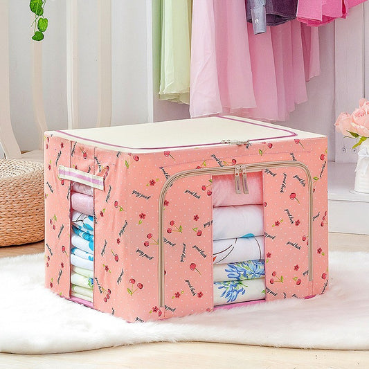 Cutie de Depozitare Pliabila, Klevo, 24 L, Panza Oxford, 40x30x20 cm, Fereastra Frontala, 2 Usi de Acces cu Fermoar Bidirectional, Cadru Metalic, Suport Baza Stabil din Plastic, Imprimeu Cirese, Roz