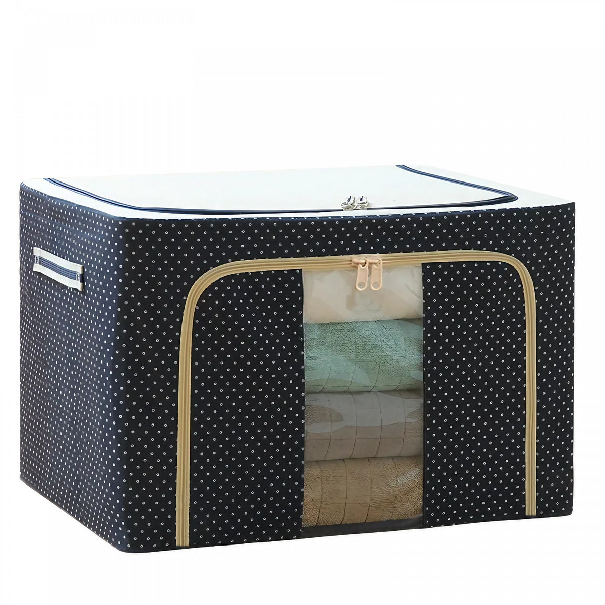 Cutie de Depozitare Pliabila, Klevo, Cu Fermoar, 66 L, Textil, 50 x 40 x 33 cm, Cadru Metalic, Suport Baza Stabil din Plastic, Imprimeu Buline, Albastru Marin