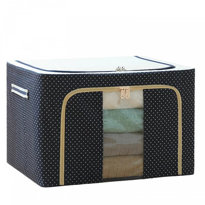 Cutie de Depozitare Pliabila, Klevo, Cu Fermoar, 66 L, Textil, 50 x 40 x 33 cm, Cadru Metalic, Suport Baza Stabil din Plastic, Imprimeu Buline, Albastru Marin