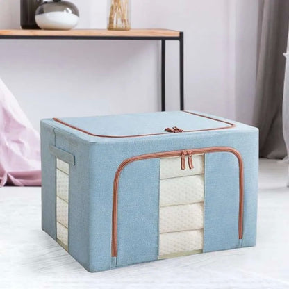 Cutie de Depozitare Pliabila, Klevo, 66 L, din Bumbac si In, 50x40x33 cm, 2 Ferestre, Frontala si Laterala, 2 Usi de Acces cu Fermoar Bidirectional, Cadru Metalic, Suport Baza Stabil din Plastic, Bleu