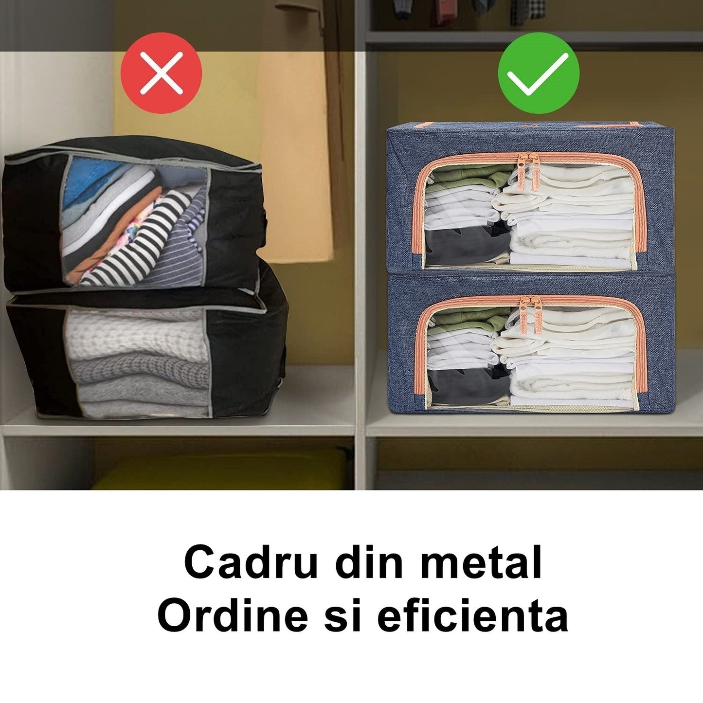 Cutie de depozitare pliabila, Klevo, Cu fermoar, 66 L, Textil, 50x40x33 cm, Albastru Marin, Cadru Metalic, Suport Baza Stabil din Plastic, Cu doua ferestre