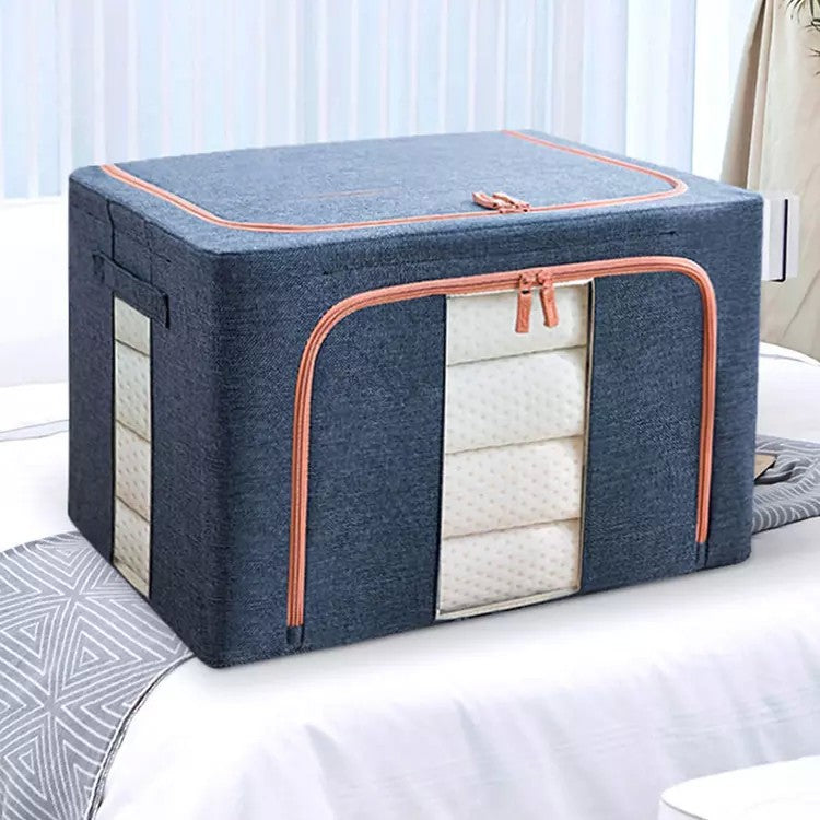 Cutie de depozitare pliabila, Klevo, Cu fermoar, 66 L, Textil, 50x40x33 cm, Albastru Marin, Cadru Metalic, Suport Baza Stabil din Plastic, Cu doua ferestre