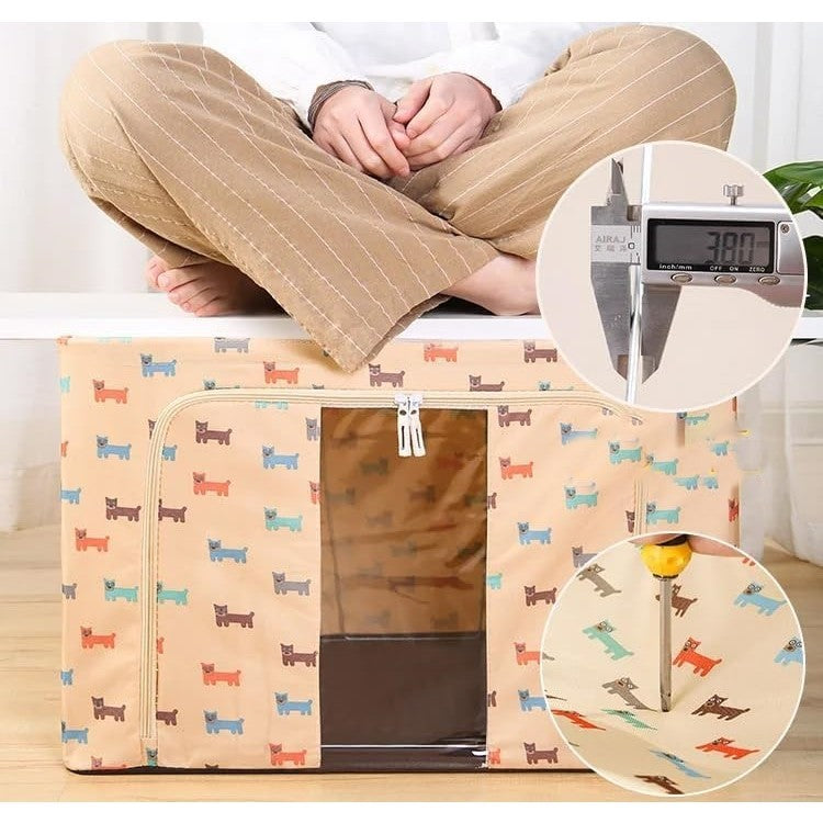Cutie de Depozitare Pliabila, Klevo, 66 L, Panza Oxford, 50x40x33 cm, Fereastra Frontala, 2 Usi de Acces cu Fermoar Bidirectional, Cadru Metalic, Suport Baza Stabil din Plastic, Imprimeu Catelus, Bej