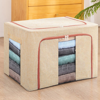 Cutie de Depozitare Pliabila, Klevo, 66 L, din Bumbac si In, 50x40x33 cm, 2 Ferestre, Frontala si Laterala, 2 Usi de Acces cu Fermoar Bidirectional, Cadru Metalic, Suport Baza Stabil din Plastic, Bej