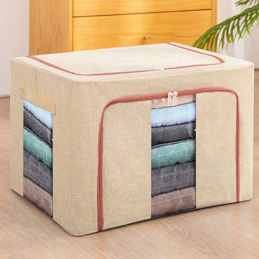 Cutie de Depozitare Pliabila, Klevo, 66 L, din Bumbac si In, 50x40x33 cm, 2 Ferestre, Frontala si Laterala, 2 Usi de Acces cu Fermoar Bidirectional, Cadru Metalic, Suport Baza Stabil din Plastic, Bej