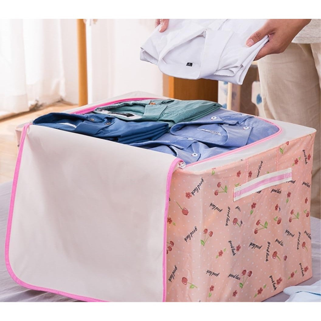 Cutie de Depozitare Pliabila, Klevo, Cu Fermoar, 66 L, Textil, 50x40x33 cm, cu Fereastra, Cadru Metalic, Suport Baza Stabil din Plastic, Imprimeu Cirese, Roz