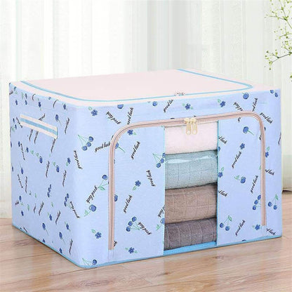 Cutie de Depozitare Pliabila, Klevo, Cu Fermoar, 66 L, Textil, 50x40x33 cm, cu 2 Ferestre, Cadru Metalic, Suport Baza Stabil din Plastic, Imprimeu Cirese, Albastru