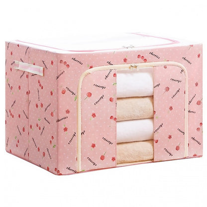 Cutie de Depozitare Pliabila, Klevo, Cu Fermoar, 66 L, Textil, 50x40x33 cm, cu Fereastra, Cadru Metalic, Suport Baza Stabil din Plastic, Imprimeu Cirese, Roz, Resigilat