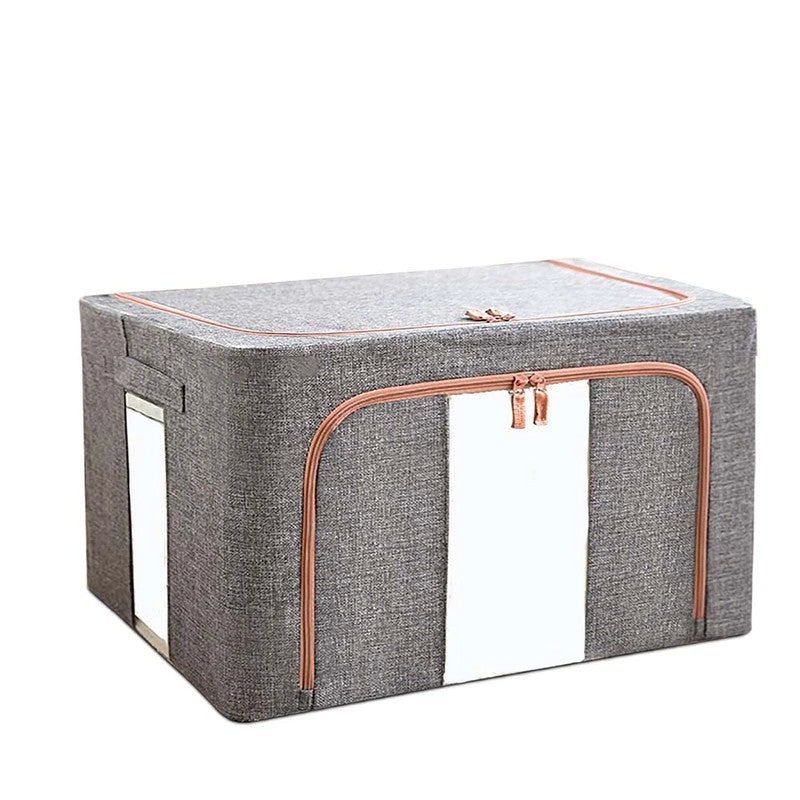 Cutie de depozitare pliabila, Klevo, Cu fermoar, 66 L, Textil, 50x40x33 cm, Gri, Cadru Metalic, Suport Baza Stabil din Plastic, Cu doua ferestre