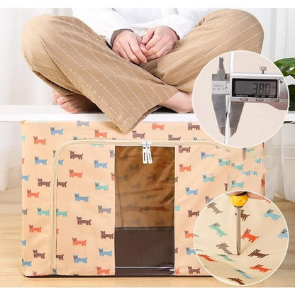 Cutie de Depozitare Pliabila, Klevo, 66 L, Panza Oxford, 50x40x33 cm, Fereastra Frontala, 2 Usi de Acces cu Fermoar Bidirectional, Cadru Metalic, Suport Baza Stabil din Plastic, Imprimeu Catelus, Bej