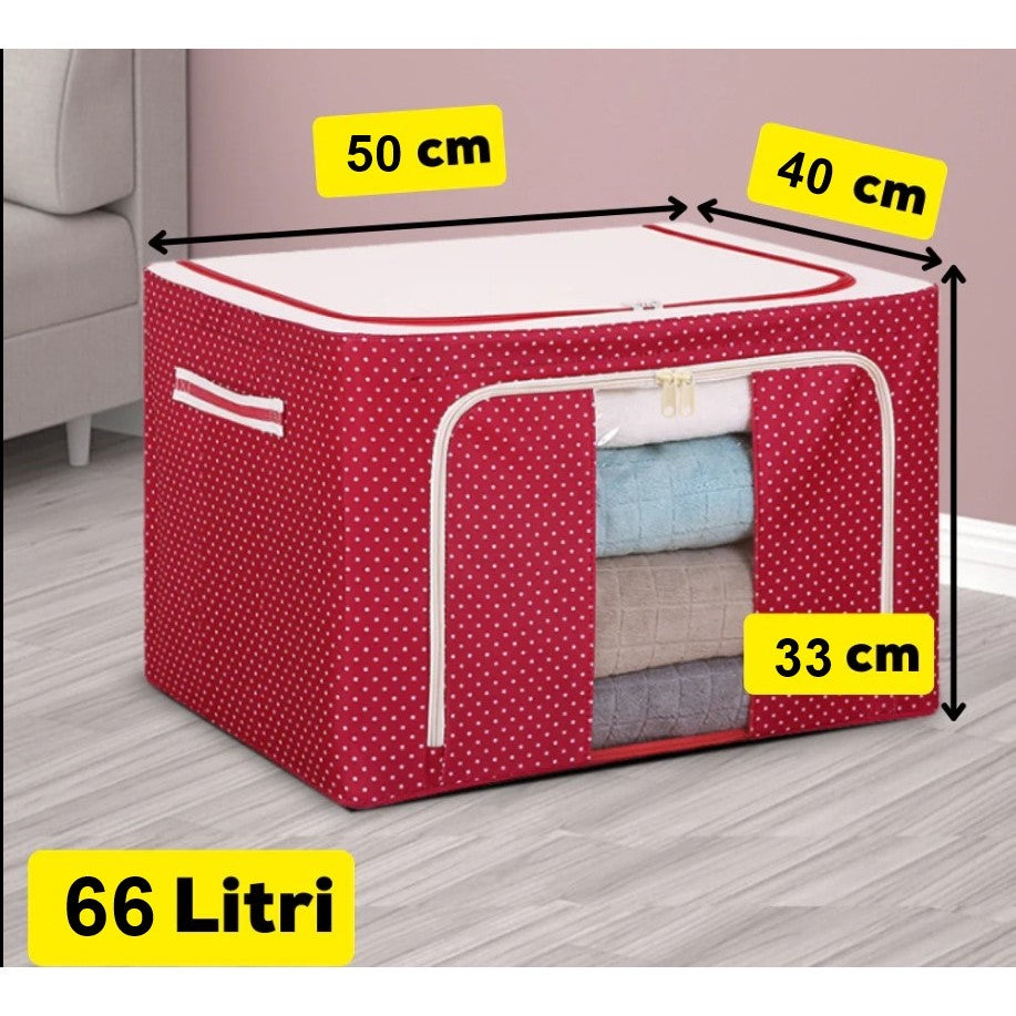 Cutie de Depozitare Pliabila, Klevo, 66 L, din Tesatura Oxford, 50x40x33 cm, Fereastra Frontala, 2 Usi de Acces cu Fermoar Bidirectional, Cadru Metalic, Suport Baza Stabil din Plastic, Imprimeu Buline, Rosu