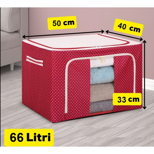 Cutie de Depozitare Pliabila, Klevo, 66 L, din Tesatura Oxford, 50x40x33 cm, Fereastra Frontala, 2 Usi de Acces cu Fermoar Bidirectional, Cadru Metalic, Suport Baza Stabil din Plastic, Imprimeu Buline, Rosu