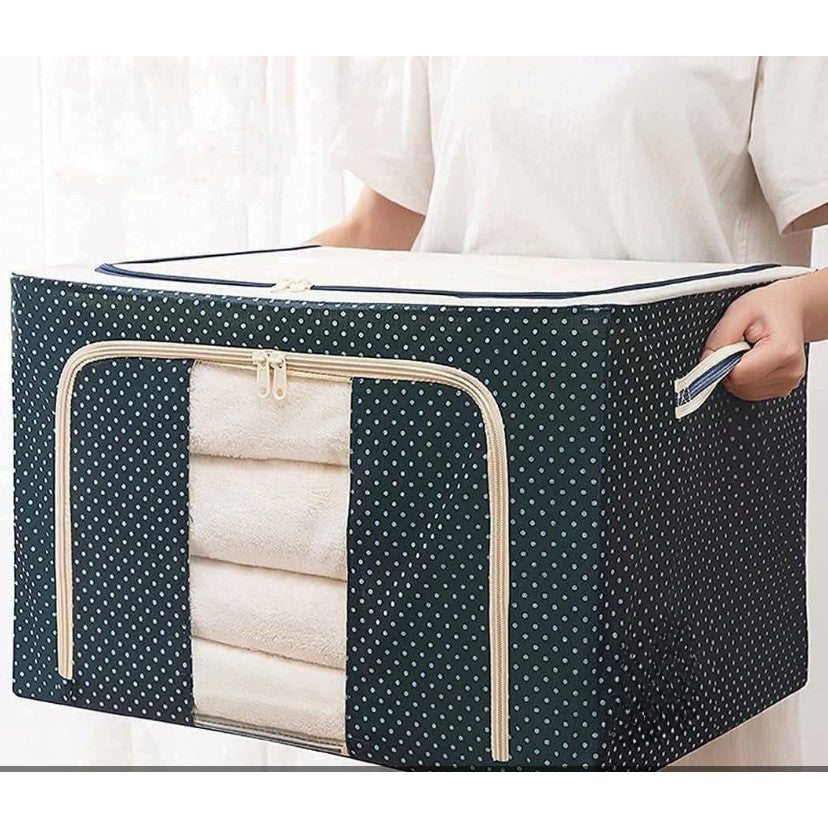 Cutie de Depozitare Pliabila, Klevo, Cu Fermoar, 66 L, Textil, 50 x 40 x 33 cm, Cadru Metalic, Suport Baza Stabil din Plastic, Imprimeu Buline, Albastru Marin