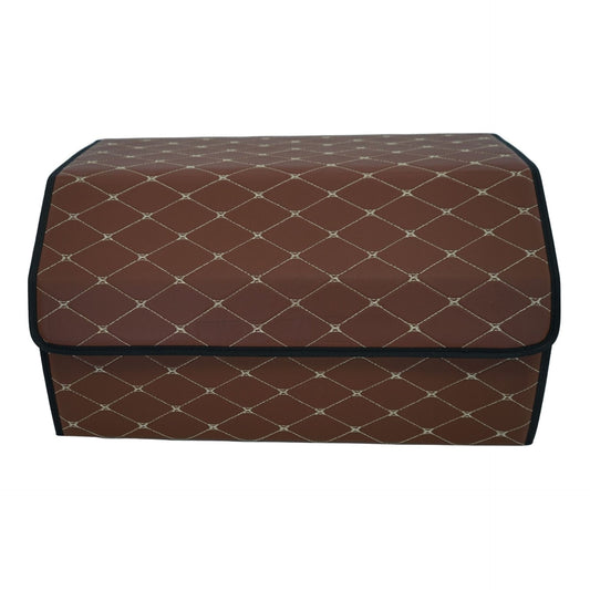 Cutie de Depozitare Auto, Klevo, Organizator Premium Portbagaj, Geanta Multifunctionala  din Piele Ecologica, 2 Compartimente Depozitare, Pliabil, Rezistent la Uzura, Maro Inchis, 55 x 30 x 30cm