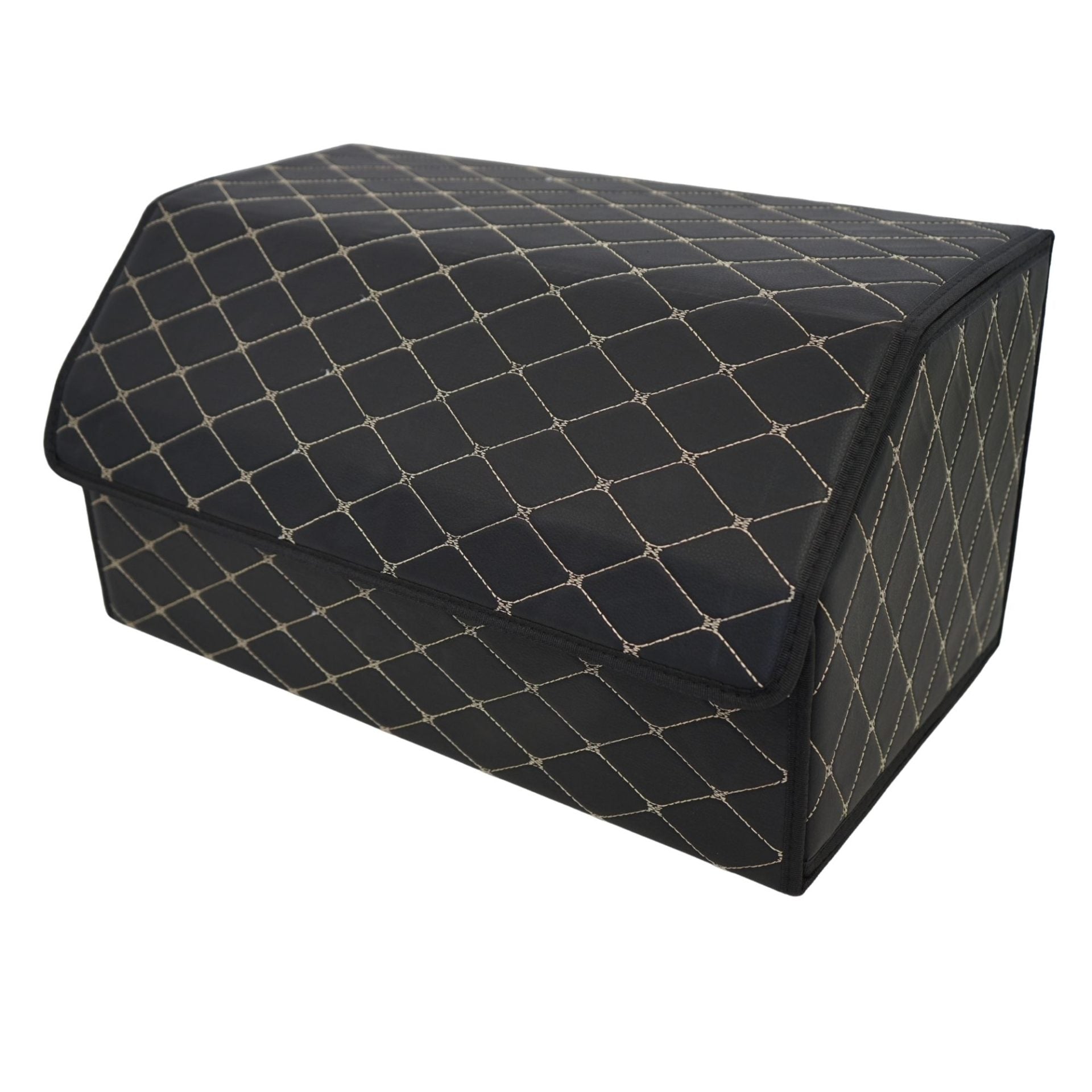 Cutie de Depozitare Auto, Klevo, Organizator Premium Portbagaj, Geanta Multifunctionala, Piele Ecologica, Pliabil  si Rezistent la Uzura, 2 Compartimente Depozitare, Pliabil  si Rezistent la Uzura, Negru/Alb, 55 x 30 x 30cm