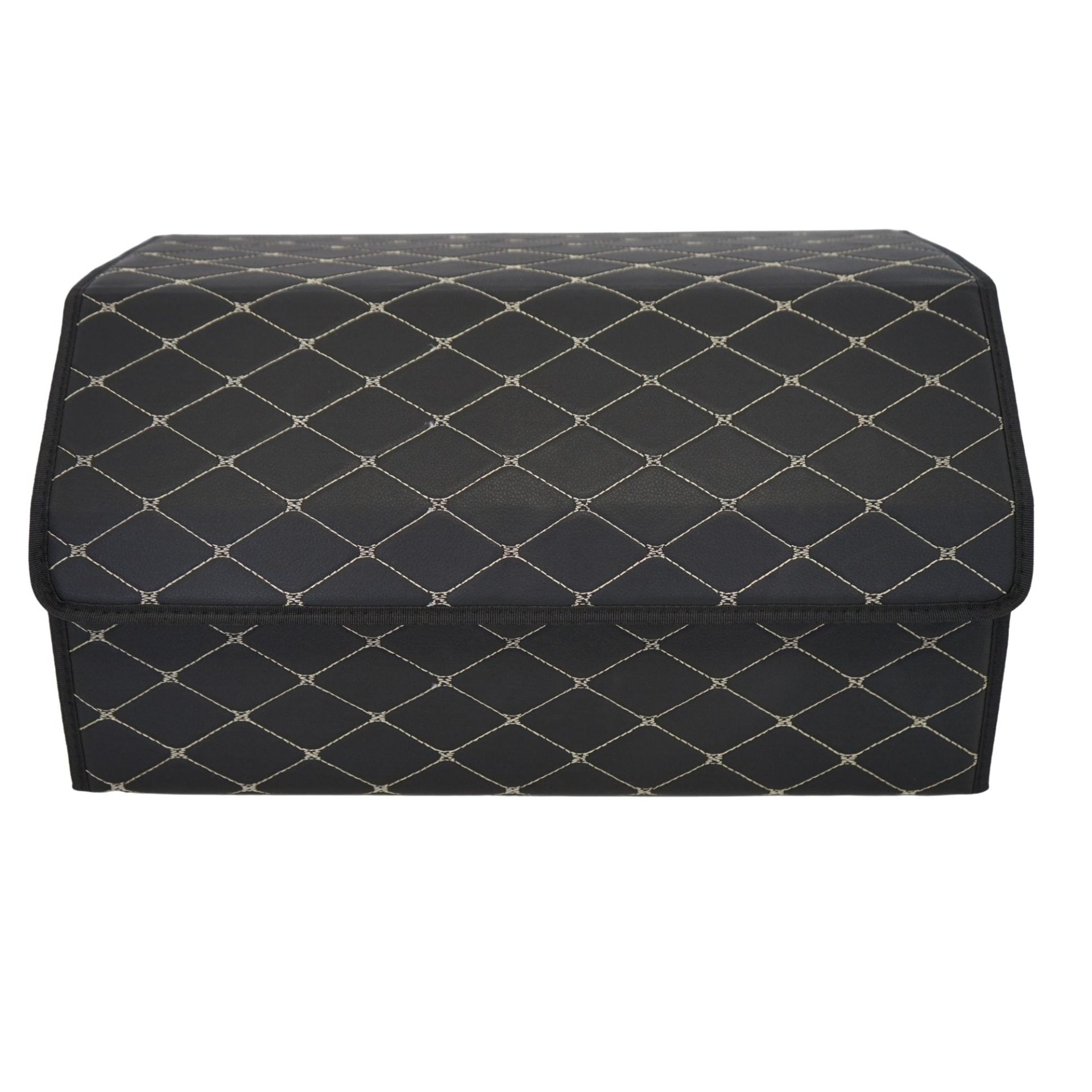 Cutie de Depozitare Auto, Klevo, Organizator Premium Portbagaj, Geanta Multifunctionala, Piele Ecologica, Pliabil  si Rezistent la Uzura, 2 Compartimente Depozitare, Pliabil  si Rezistent la Uzura, Negru/Alb, 55 x 30 x 30cm