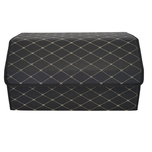 Cutie de Depozitare Auto, Klevo, Organizator Premium Portbagaj, Geanta Multifunctionala, Piele Ecologica, Pliabil  si Rezistent la Uzura, 2 Compartimente Depozitare, Pliabil  si Rezistent la Uzura, Negru/Alb, 55 x 30 x 30cm