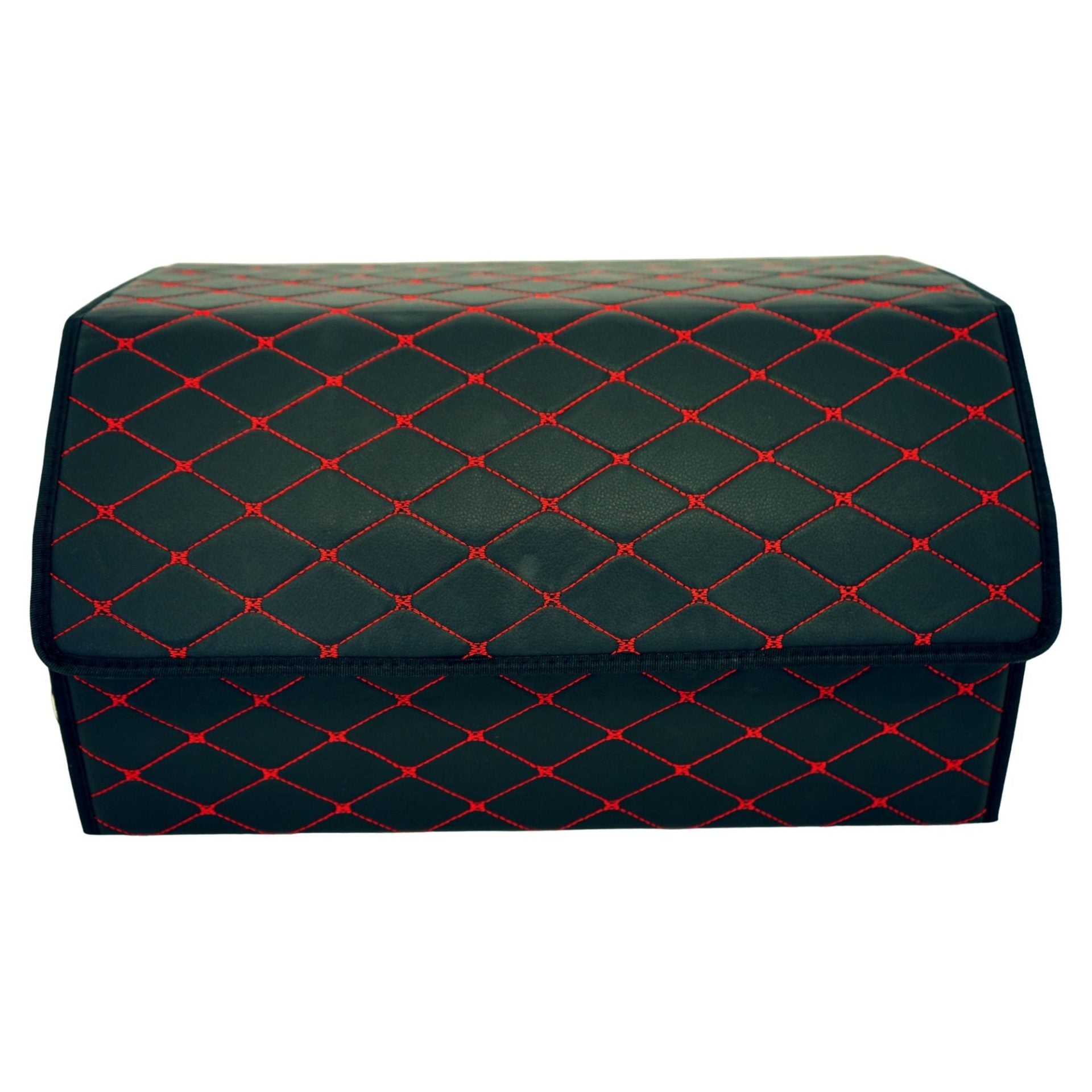 Cutie de Depozitare Auto, Klevo, Organizator Premium Portbagaj, Geanta Multifunctionala, Piele Ecologica, 2 Compartimente Depozitare, Pliabil  si Rezistent la Uzura, Negru/Rosu, 55 x 30 x 30cm