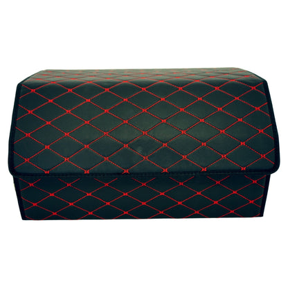 Cutie de Depozitare Auto, Klevo, Organizator Premium Portbagaj, Geanta Multifunctionala, Piele Ecologica, 2 Compartimente Depozitare, Pliabil  si Rezistent la Uzura, Negru/Rosu, 55 x 30 x 30cm