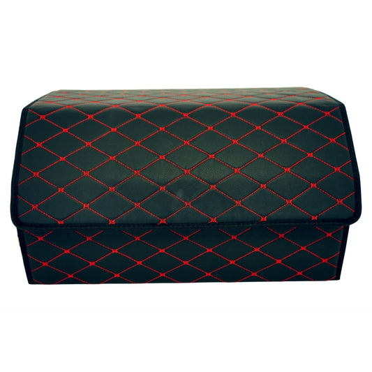 Cutie de Depozitare Auto, Klevo, Organizator Premium Portbagaj, Geanta Multifunctionala, Piele Ecologica, 2 Compartimente Depozitare, Pliabil  si Rezistent la Uzura, Negru/Rosu, 55 x 30 x 30cm