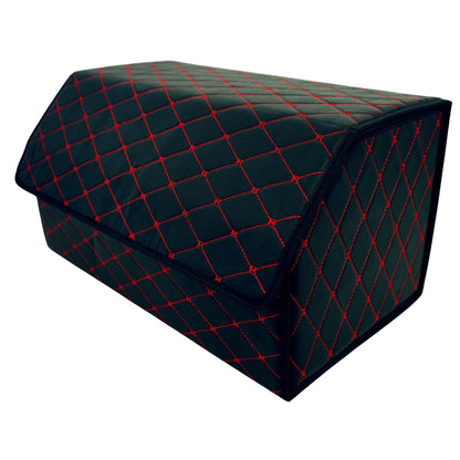 Cutie de Depozitare Auto, Klevo, Organizator Premium Portbagaj, Geanta Multifunctionala, Piele Ecologica, 2 Compartimente Depozitare, Pliabil  si Rezistent la Uzura, Negru/Rosu, 55 x 30 x 30cm
