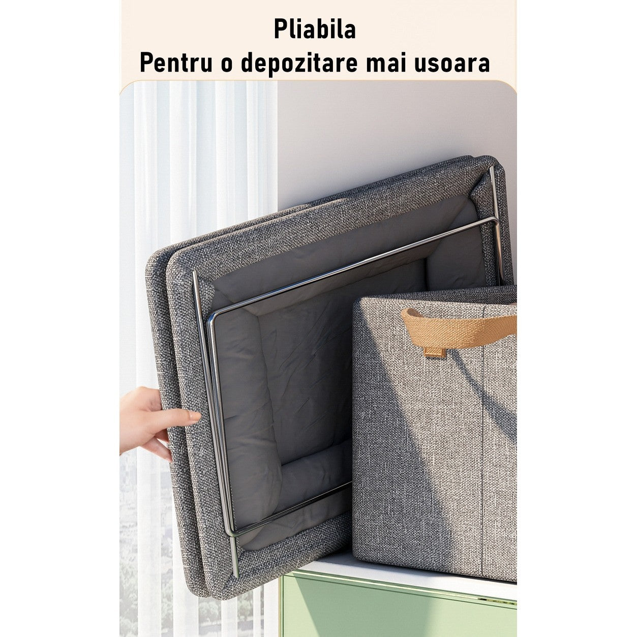 Cutie de Depozitare Tip Cos, Klevo, Material Textil, Pliabila, 47x35x30 cm, 50 l, Cadru Metalic, cu Manere, Gri
