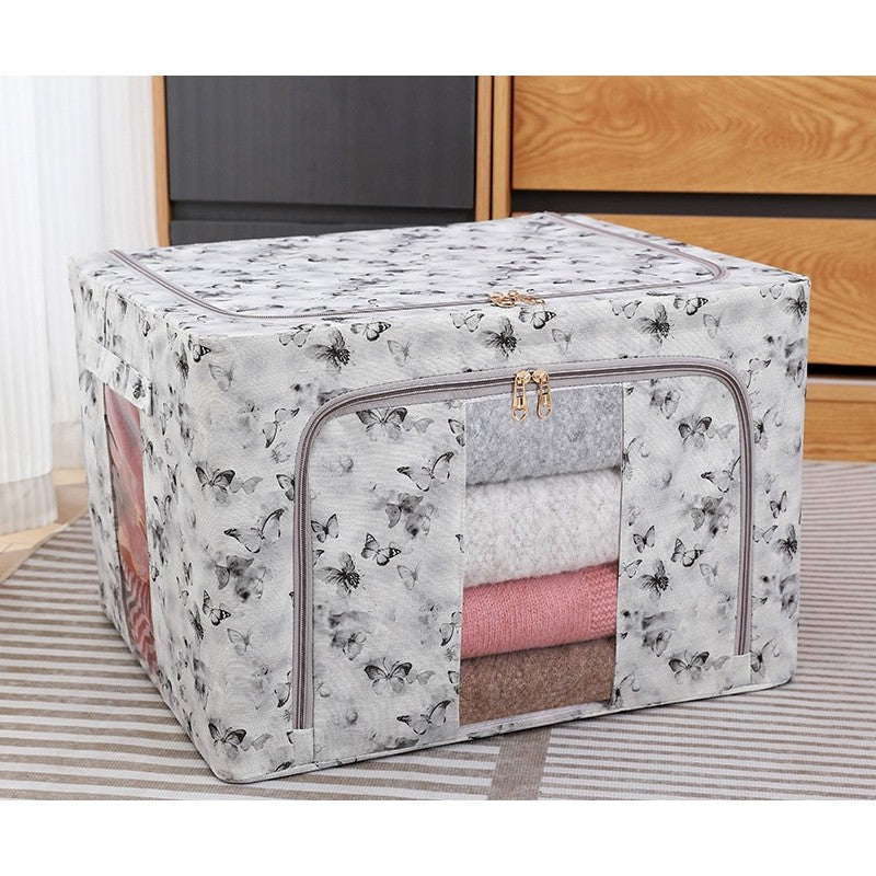 Cutie Depozitare, Klevo, 66L, din Material Textil, 50 x 40 x 33 cm, pentru Haine si Lenjerii, Model Fluturasi, Gri/Auriu