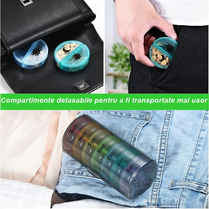 Cutie Depozitare Medicamente, Klevo, 7 Zile, 14 Compartimente, Cutie Suport, Recipiente Detasabile, Portabila, Recipiente Colorate, Suport Negru, 17.5x11x9.5 cm