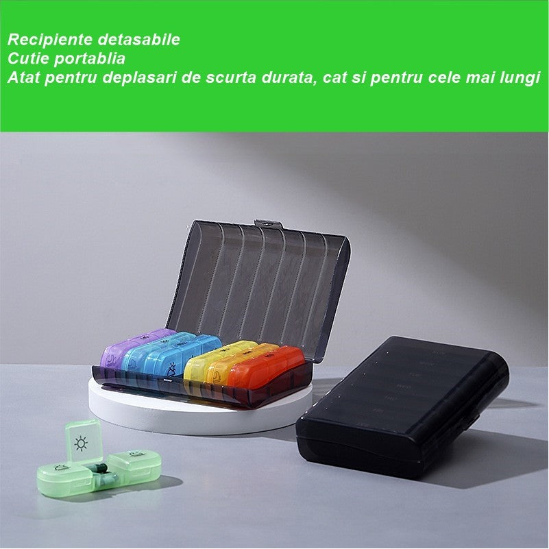 Cutie Depozitare Medicamente, Klevo, 7 Zile, 21 Compartimente, Cutie Suport, Recipiente Detasabile, Portabila, Recipiente Colorate, Cutie Neagra, 15.6x12 cm