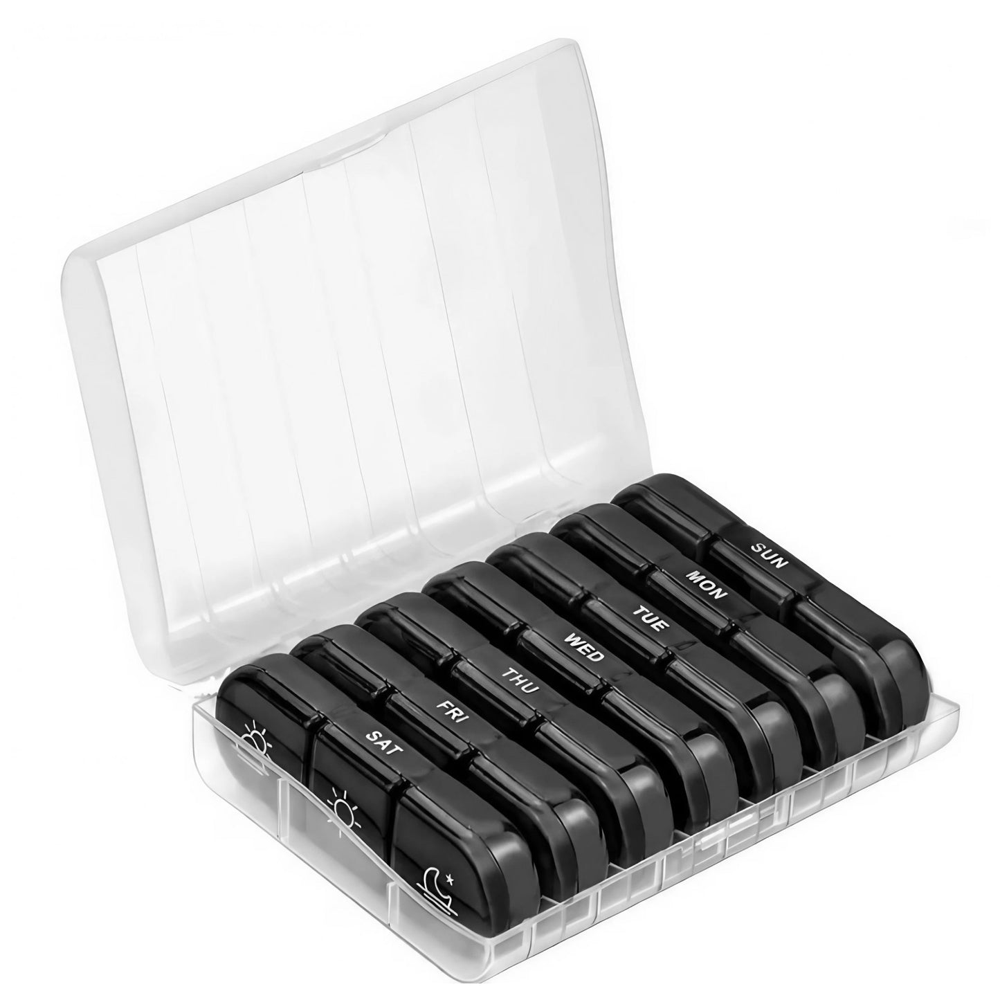 Cutie Depozitare Medicamente, Klevo, 7 Zile, 21 Compartimente, Cutie Suport, Recipiente Detasabile, Portabila, Compartimente Negre, Cutie Transparenta, 15.6x12 cm